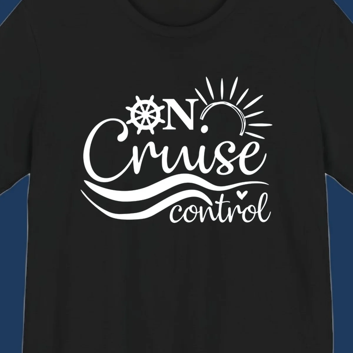White nautical design with ship wheel, sun rays, and ocean waves surrounding 'ON CRUISE control' text on gray background
