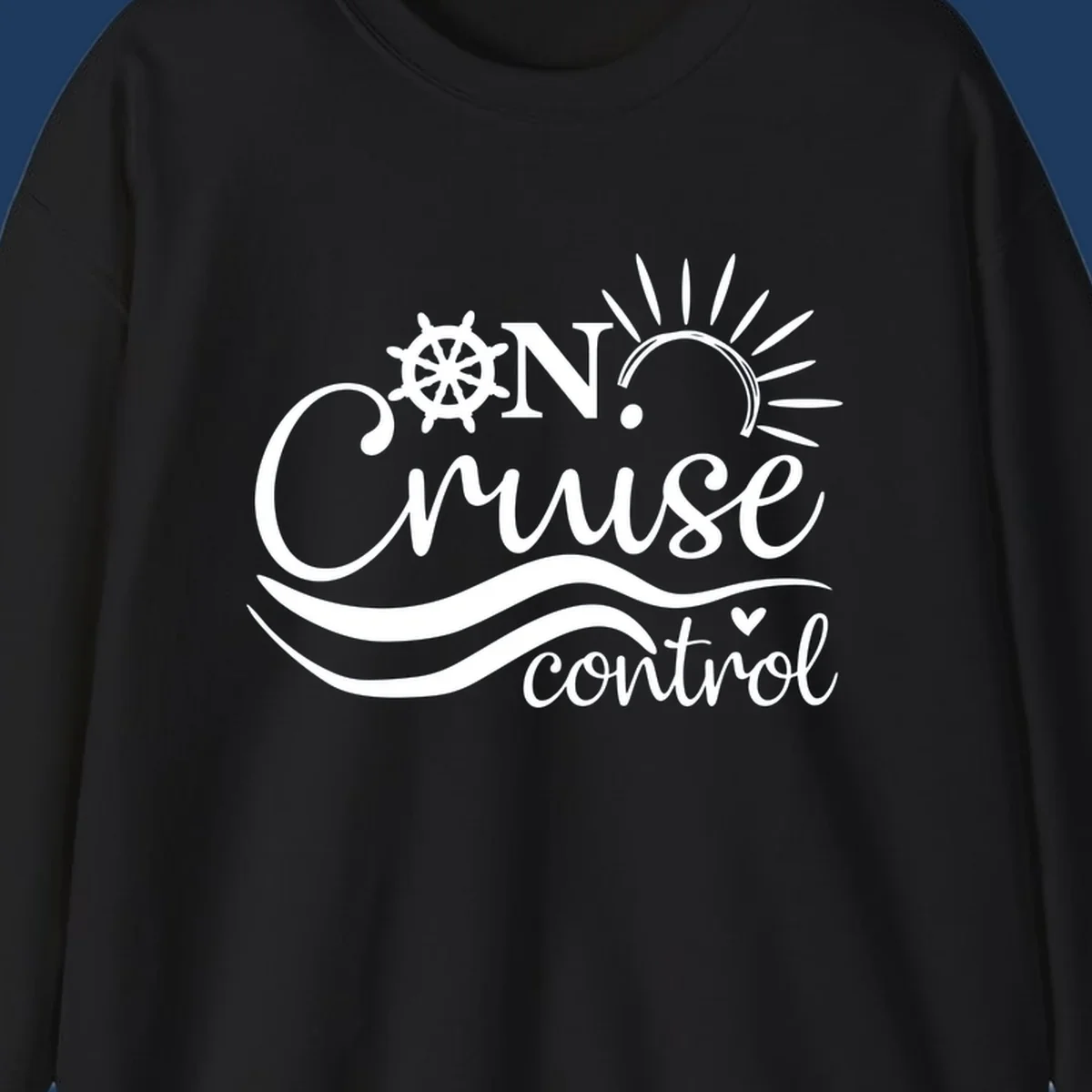 White nautical design with ship wheel, sun rays, and ocean waves surrounding 'ON CRUISE control' text on gray background