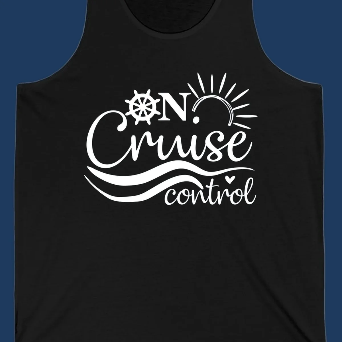 White nautical design with ship wheel, sun rays, and ocean waves surrounding 'ON CRUISE control' text on gray background