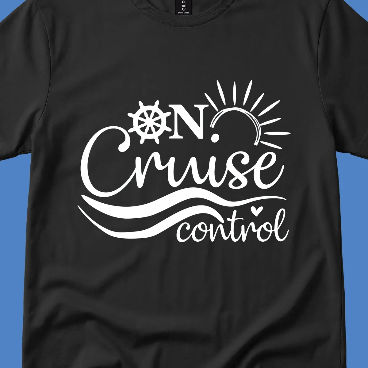 White nautical design with ship wheel, sun rays, and ocean waves surrounding 'ON CRUISE control' text on gray background