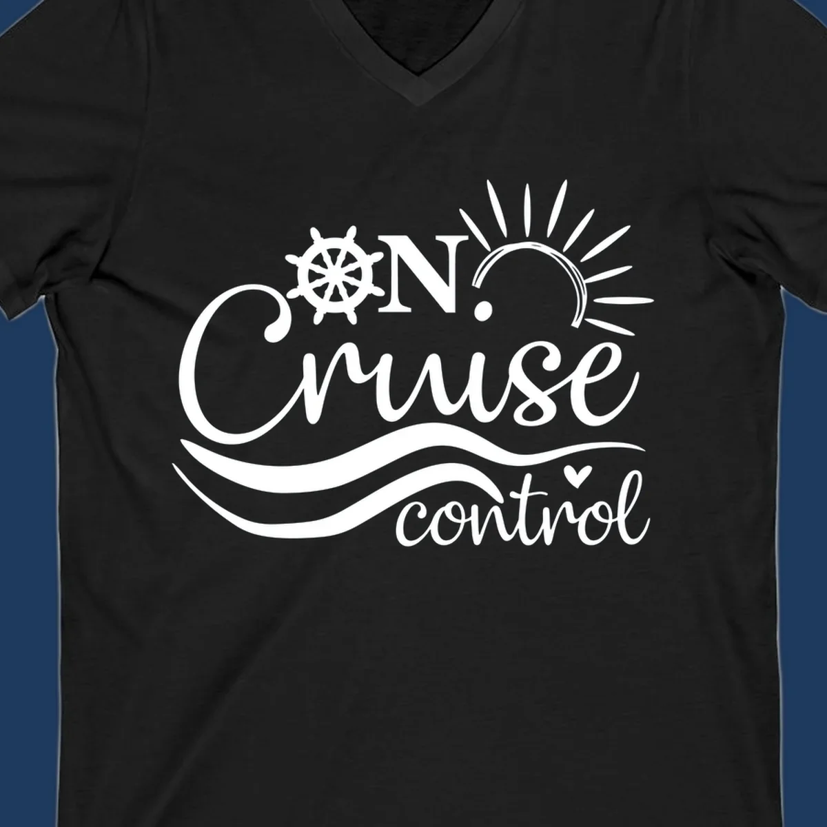 White nautical design with ship wheel, sun rays, and ocean waves surrounding 'ON CRUISE control' text on gray background
