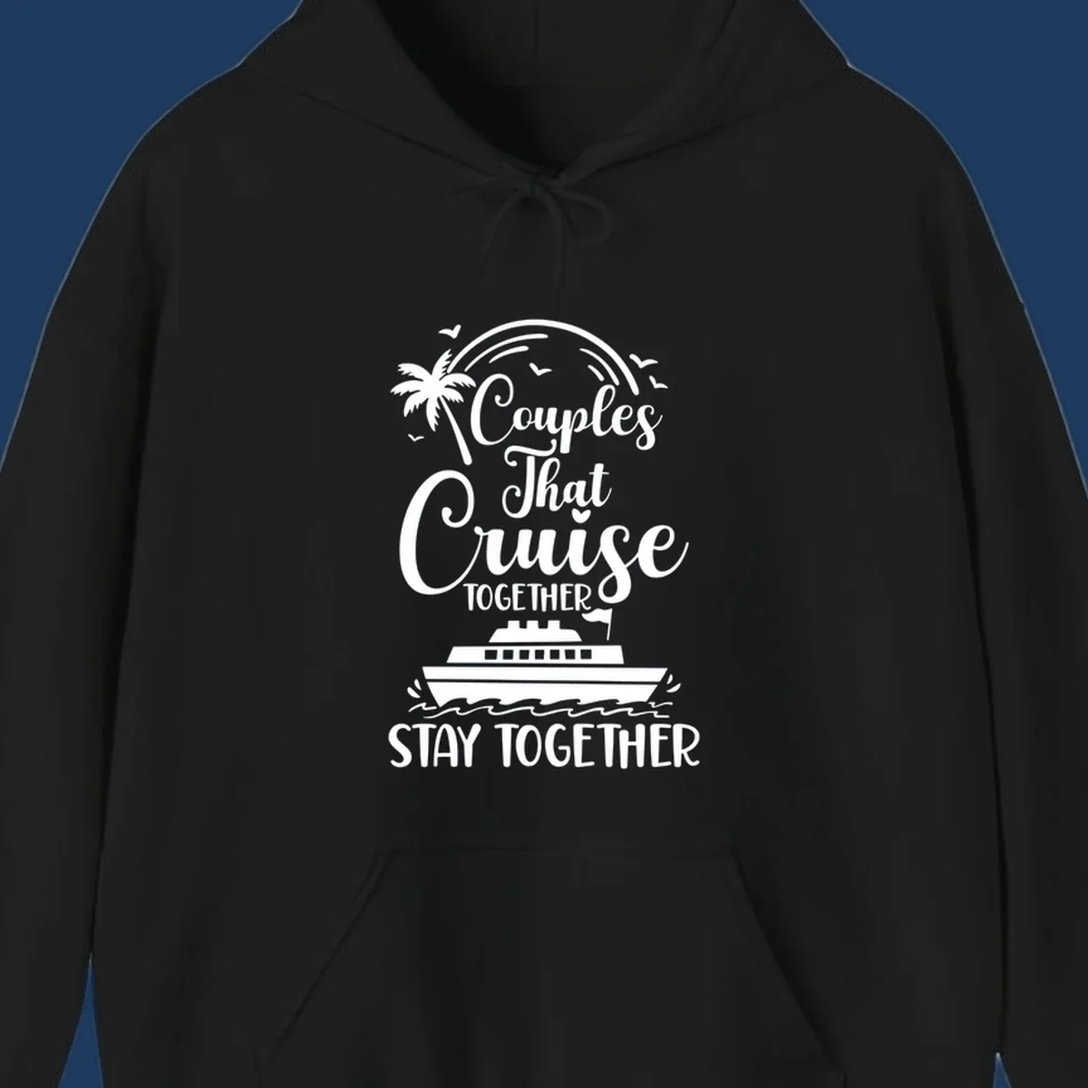 White couples-cruise-together design with palm tree, cruise ship, and ocean waves on gray background