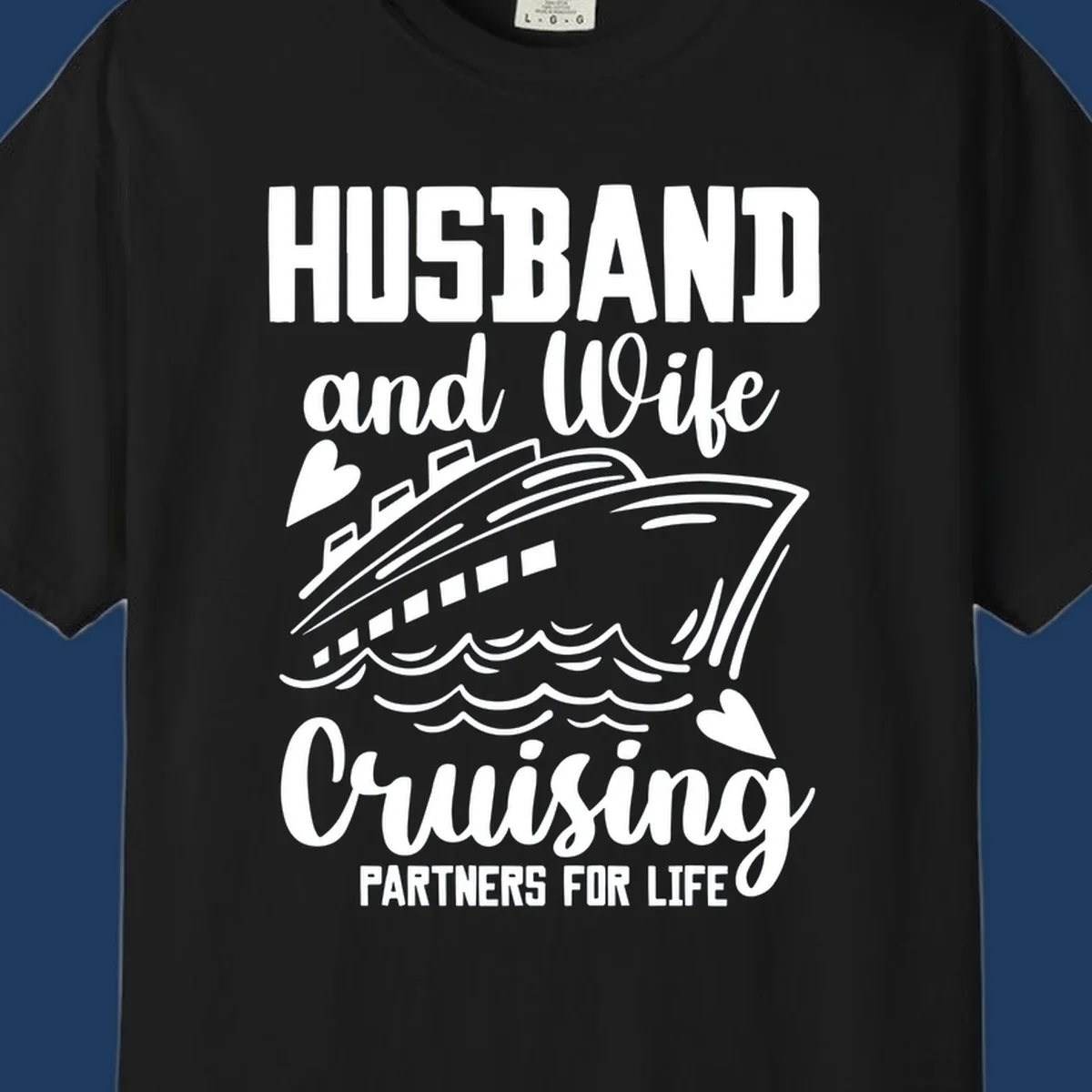 Husband and wife cruise partners design with ship and ocean waves illustration
