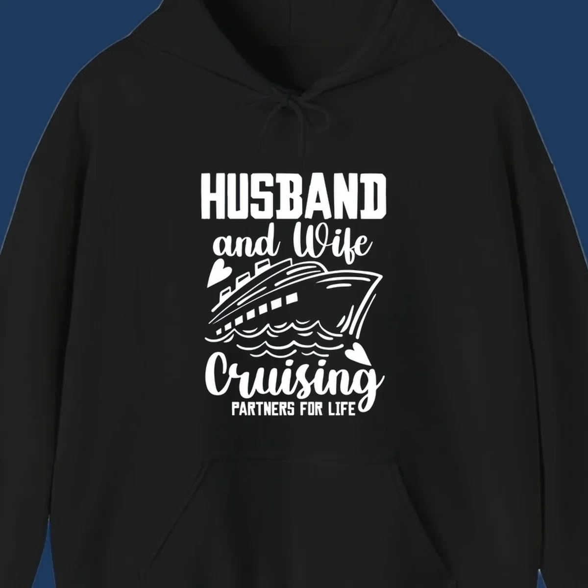 Husband and wife cruise partners design with ship and ocean waves illustration