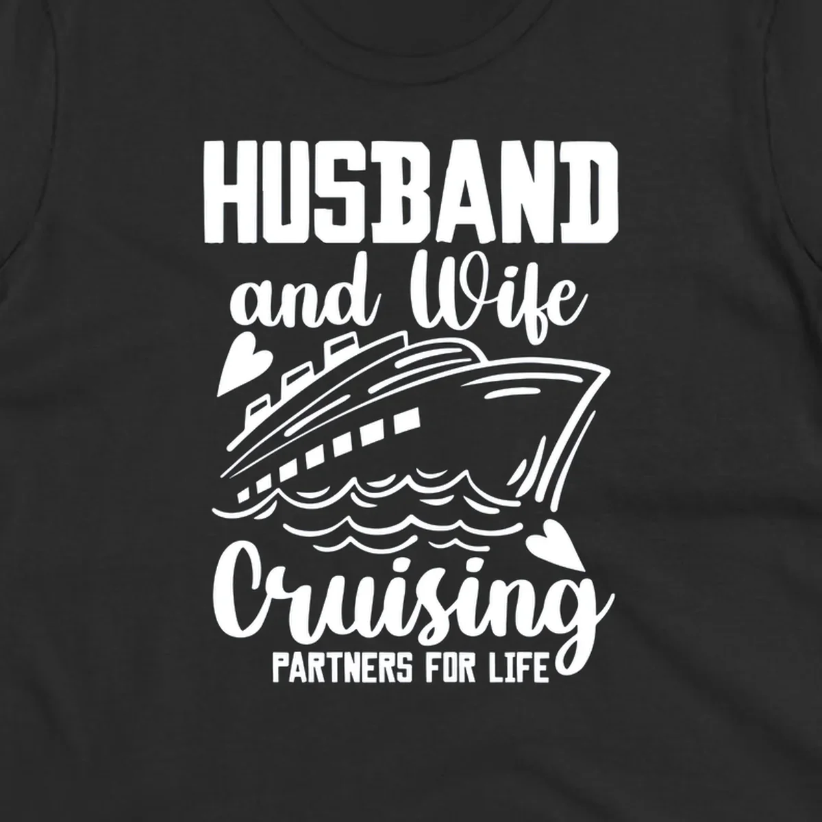 Husband and wife cruise partners design with ship and ocean waves illustration