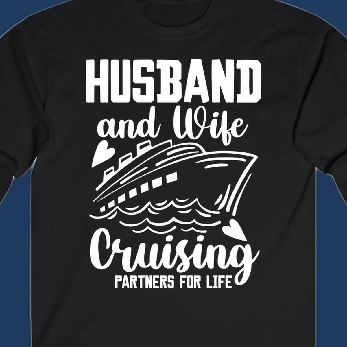 Husband and wife cruise partners design with ship and ocean waves illustration