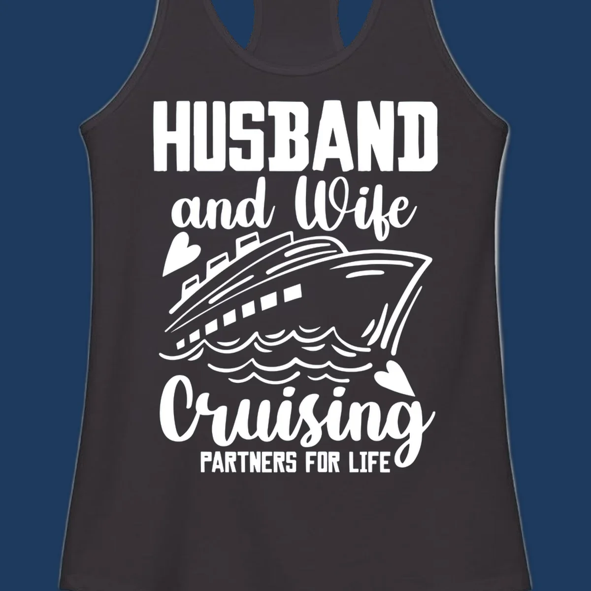 Husband and wife cruise partners design with ship and ocean waves illustration