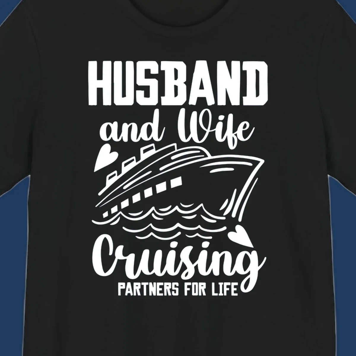 Husband and wife cruise partners design with ship and ocean waves illustration