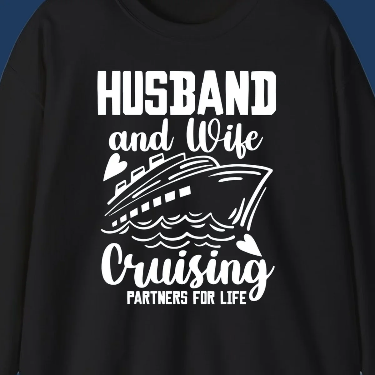 Husband and wife cruise partners design with ship and ocean waves illustration