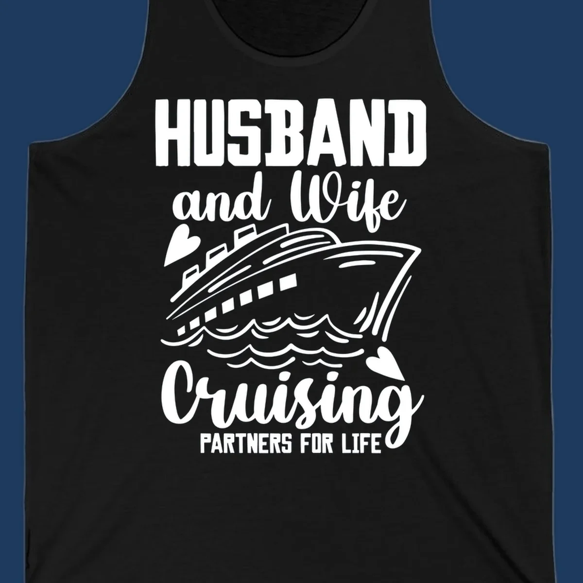Husband and wife cruise partners design with ship and ocean waves illustration