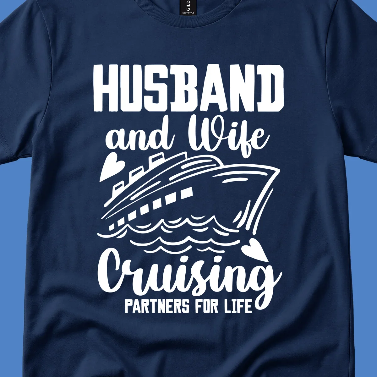 Husband and wife cruise partners design with ship and ocean waves illustration