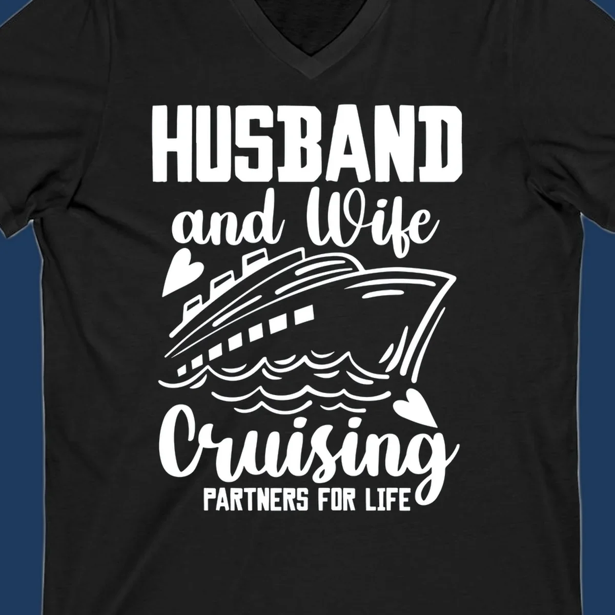 Husband and wife cruise partners design with ship and ocean waves illustration