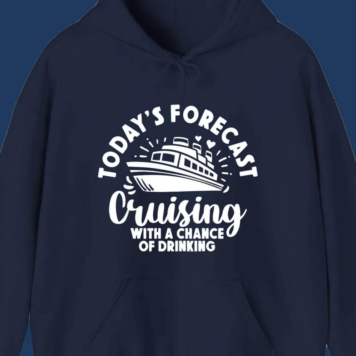Forecast cruising with a chance of drinking design featuring a cruise ship with radiating lines and hearts, surrounded by text.