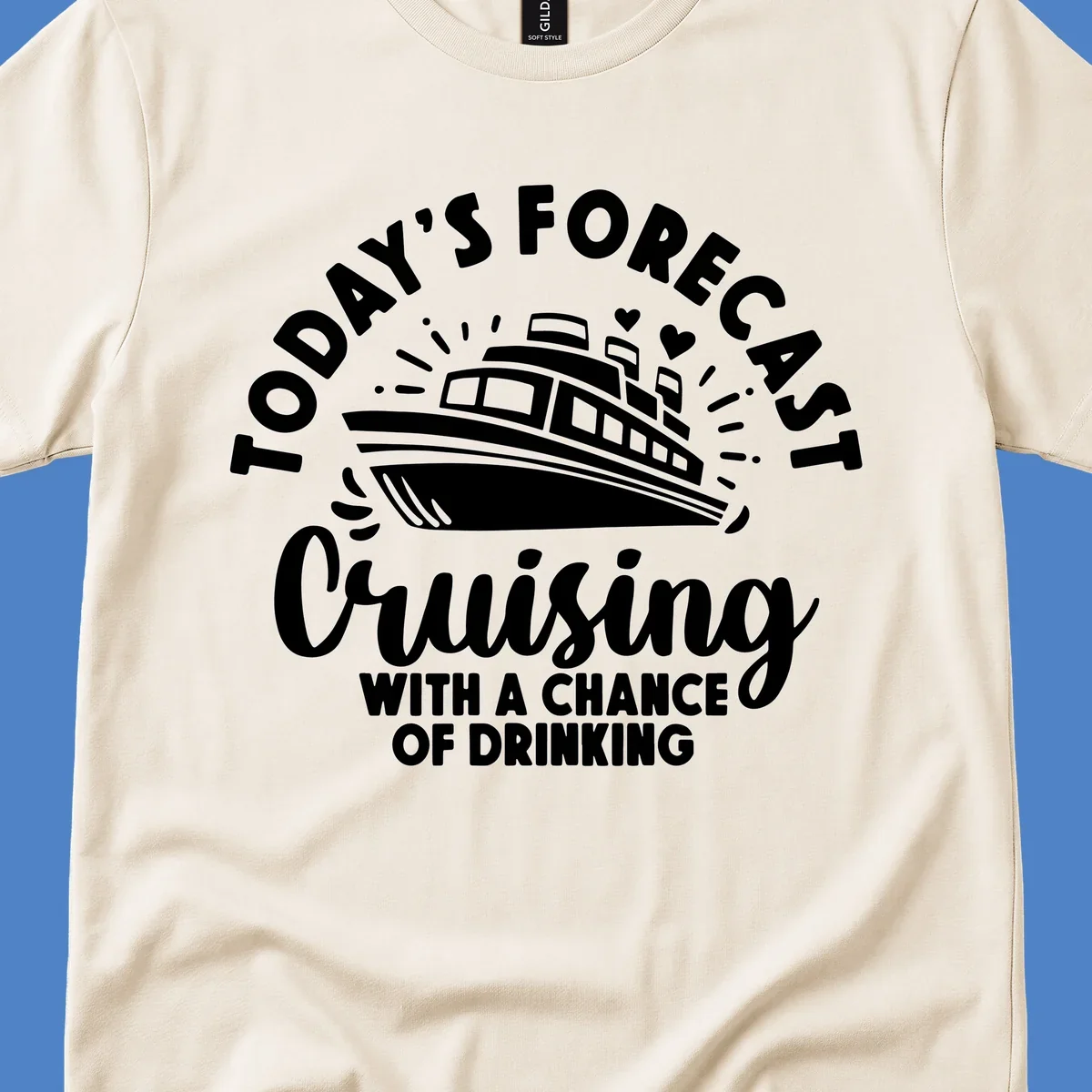 Forecast cruising with a chance of drinking design featuring a cruise ship with radiating lines and hearts, surrounded by text.