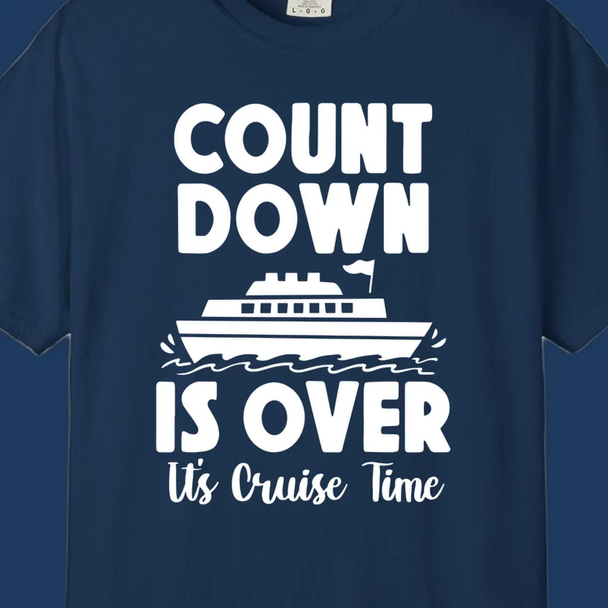 Countdown is over it's cruise time design with bold text and cruise ship illustration with ocean waves