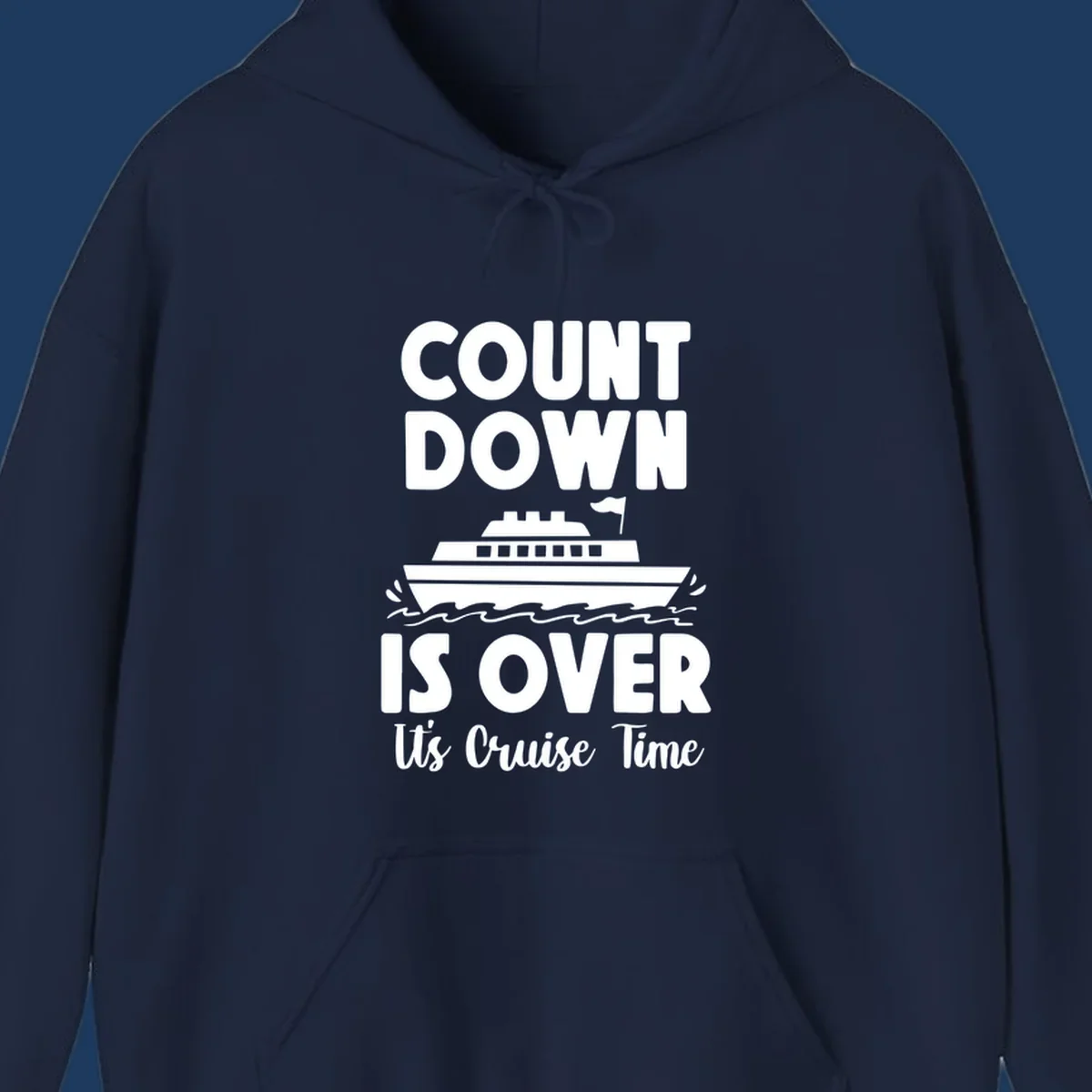Countdown is over it's cruise time design with bold text and cruise ship illustration with ocean waves