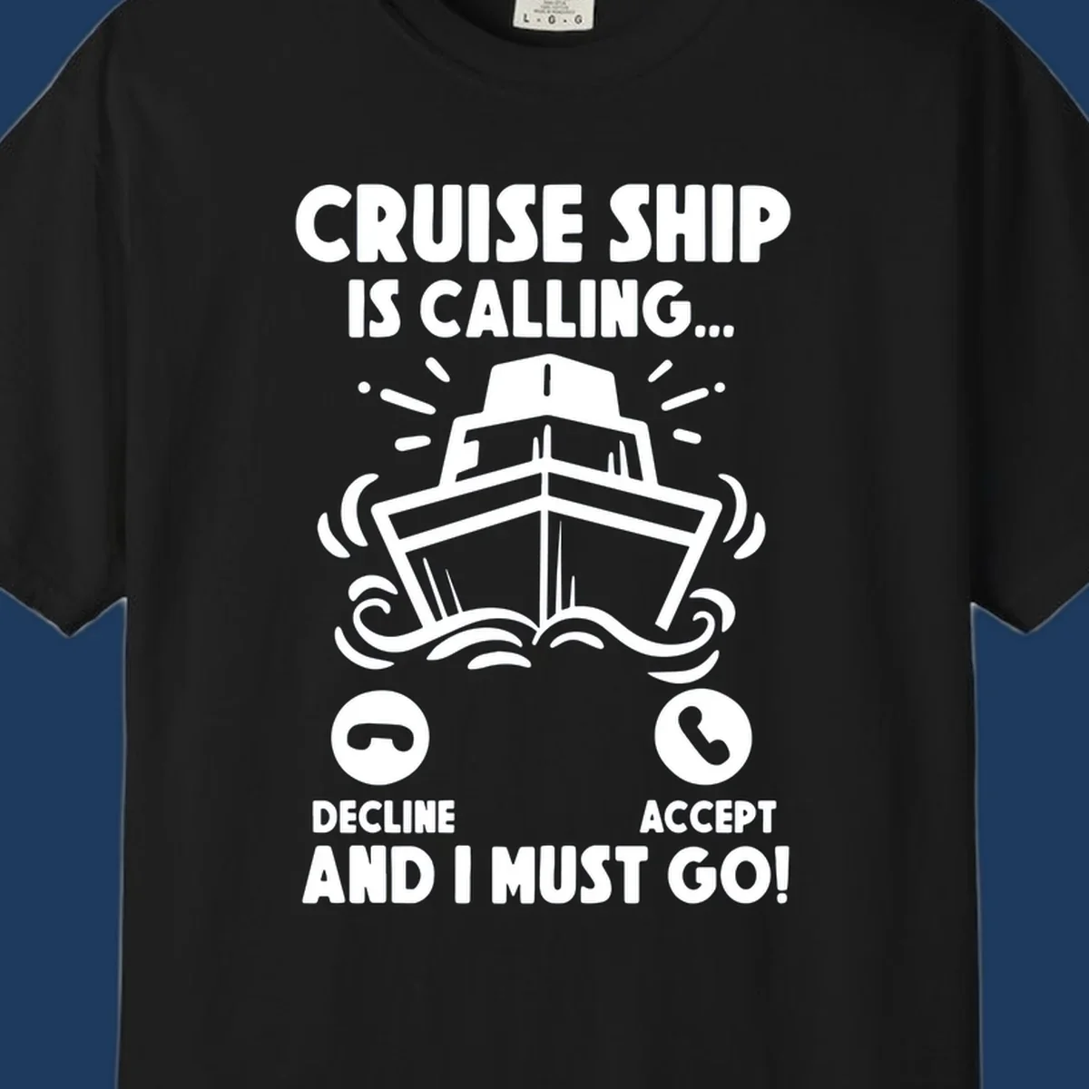 Cruise ship is calling design: illustrated ship with waves and sunburst rays styled as incoming phone call notification