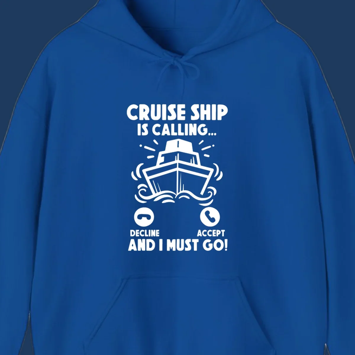 Cruise ship is calling design: illustrated ship with waves and sunburst rays styled as incoming phone call notification