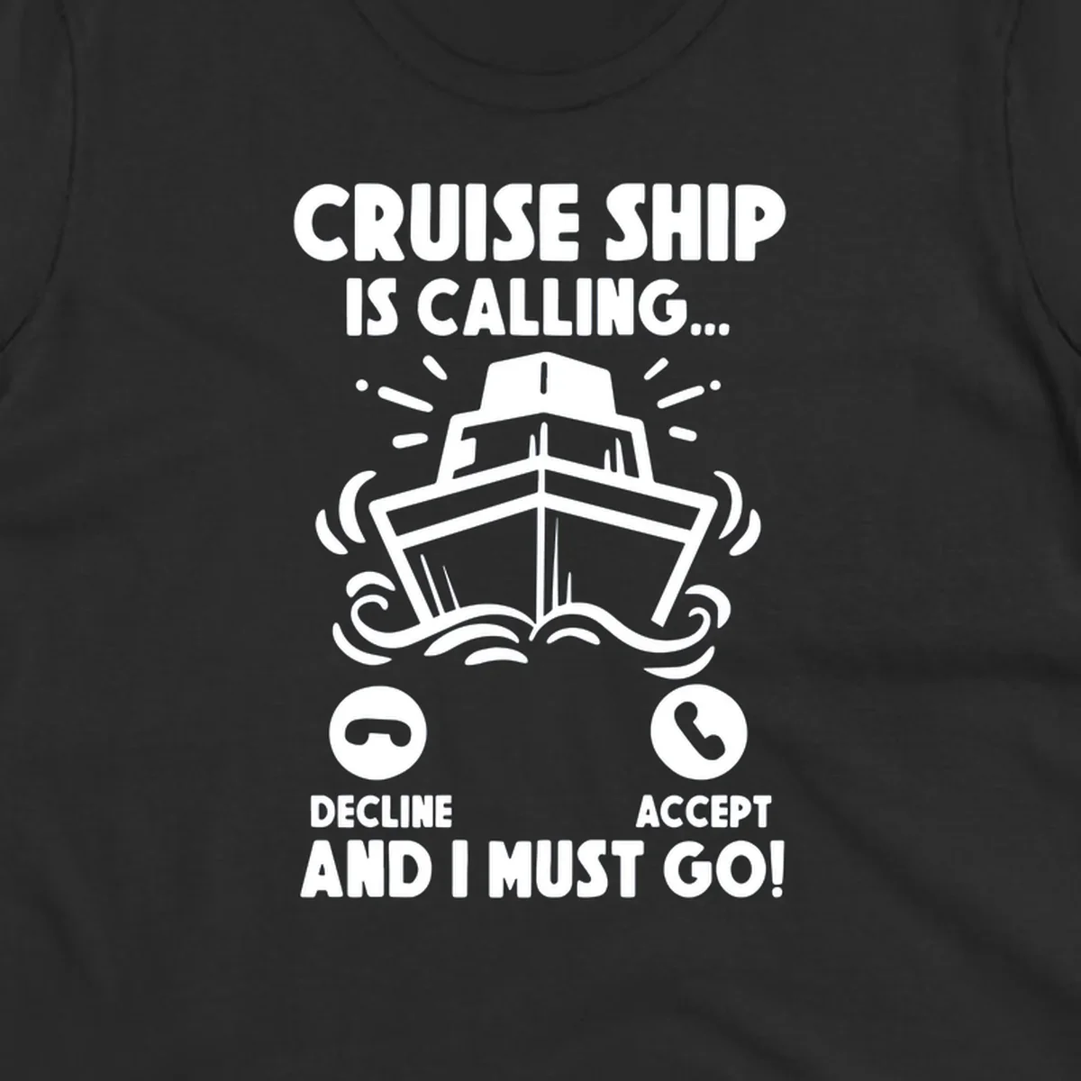 Cruise ship is calling design: illustrated ship with waves and sunburst rays styled as incoming phone call notification