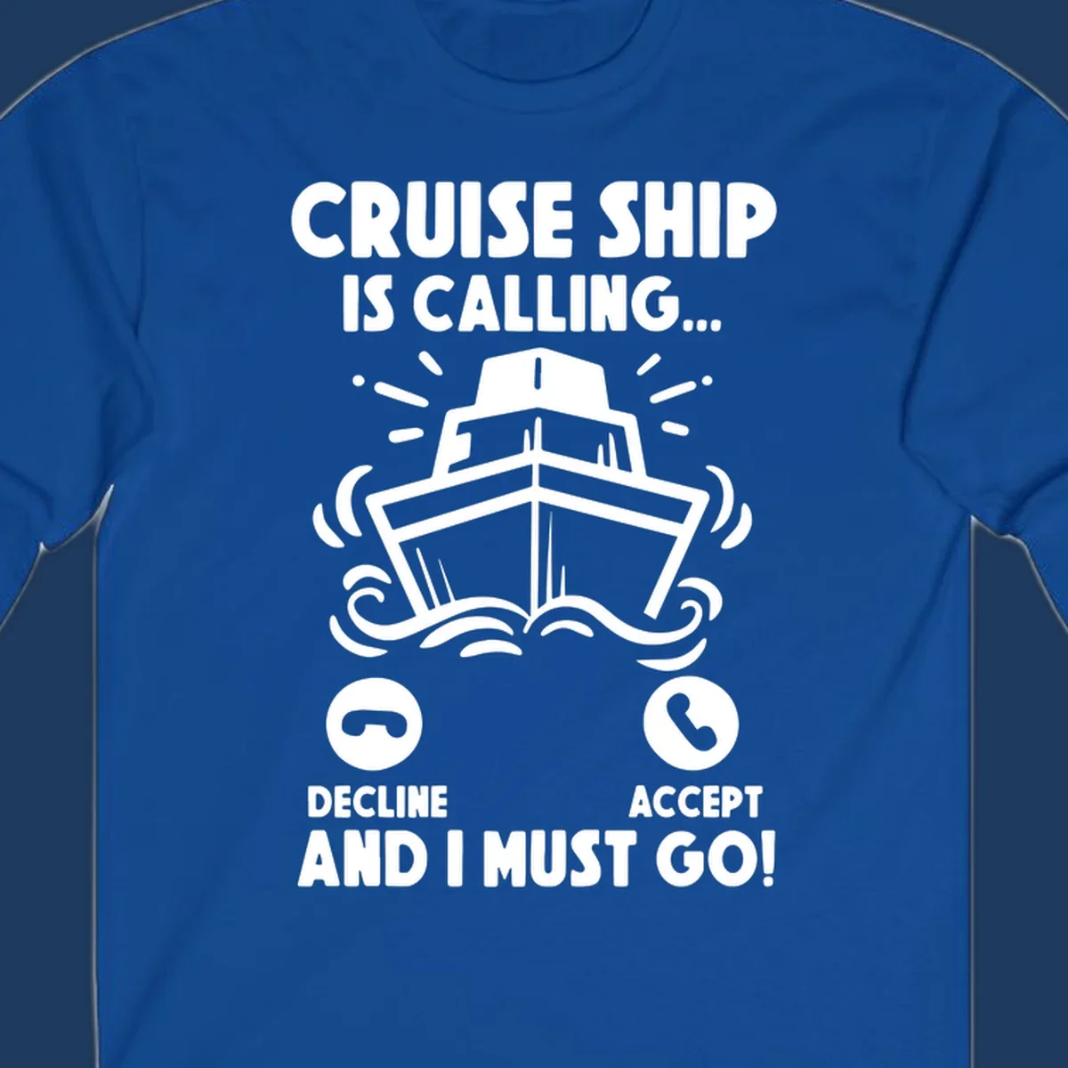 Cruise ship is calling design: illustrated ship with waves and sunburst rays styled as incoming phone call notification