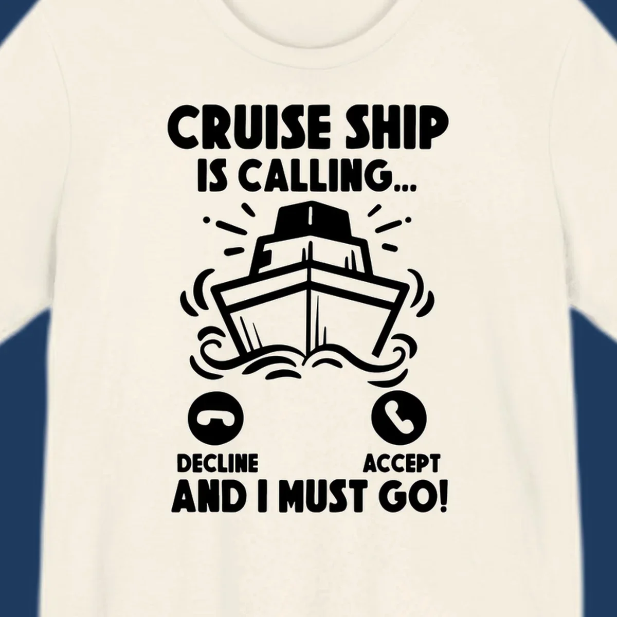 Cruise ship is calling design: illustrated ship with waves and sunburst rays styled as incoming phone call notification