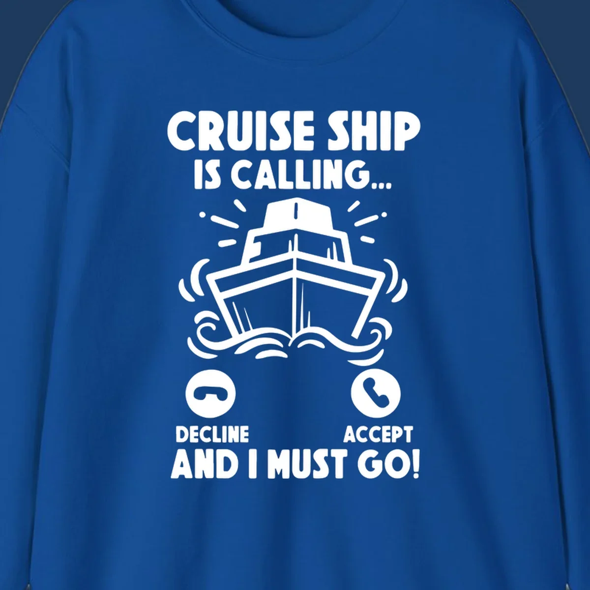 Cruise ship is calling design: illustrated ship with waves and sunburst rays styled as incoming phone call notification