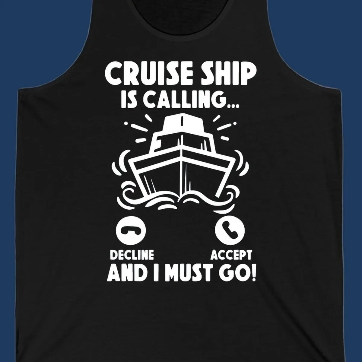 Cruise ship is calling design: illustrated ship with waves and sunburst rays styled as incoming phone call notification