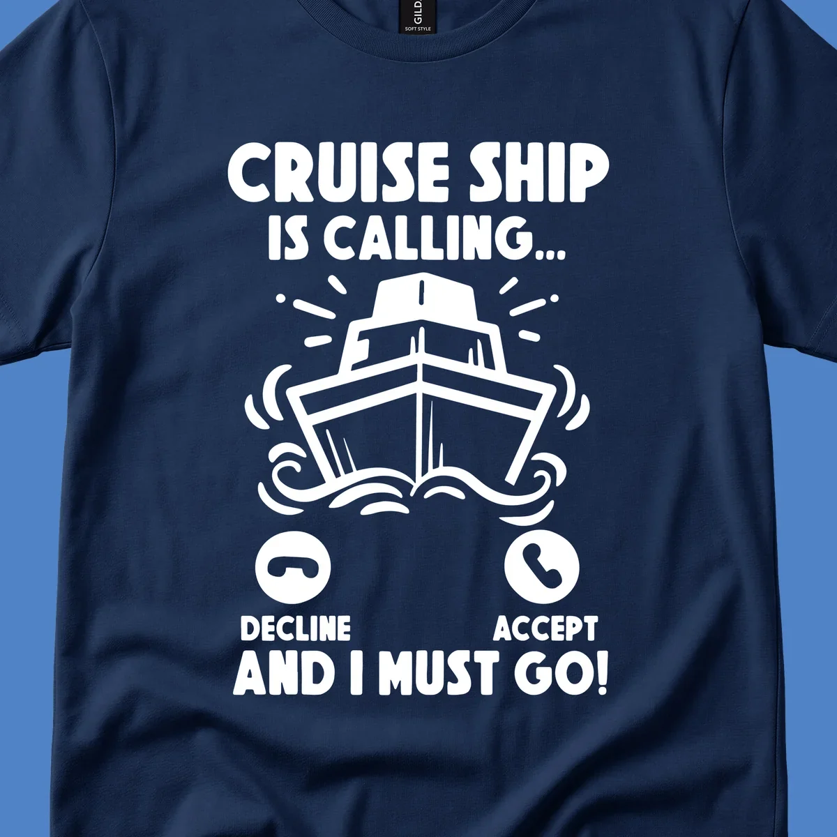 Cruise ship is calling design: illustrated ship with waves and sunburst rays styled as incoming phone call notification