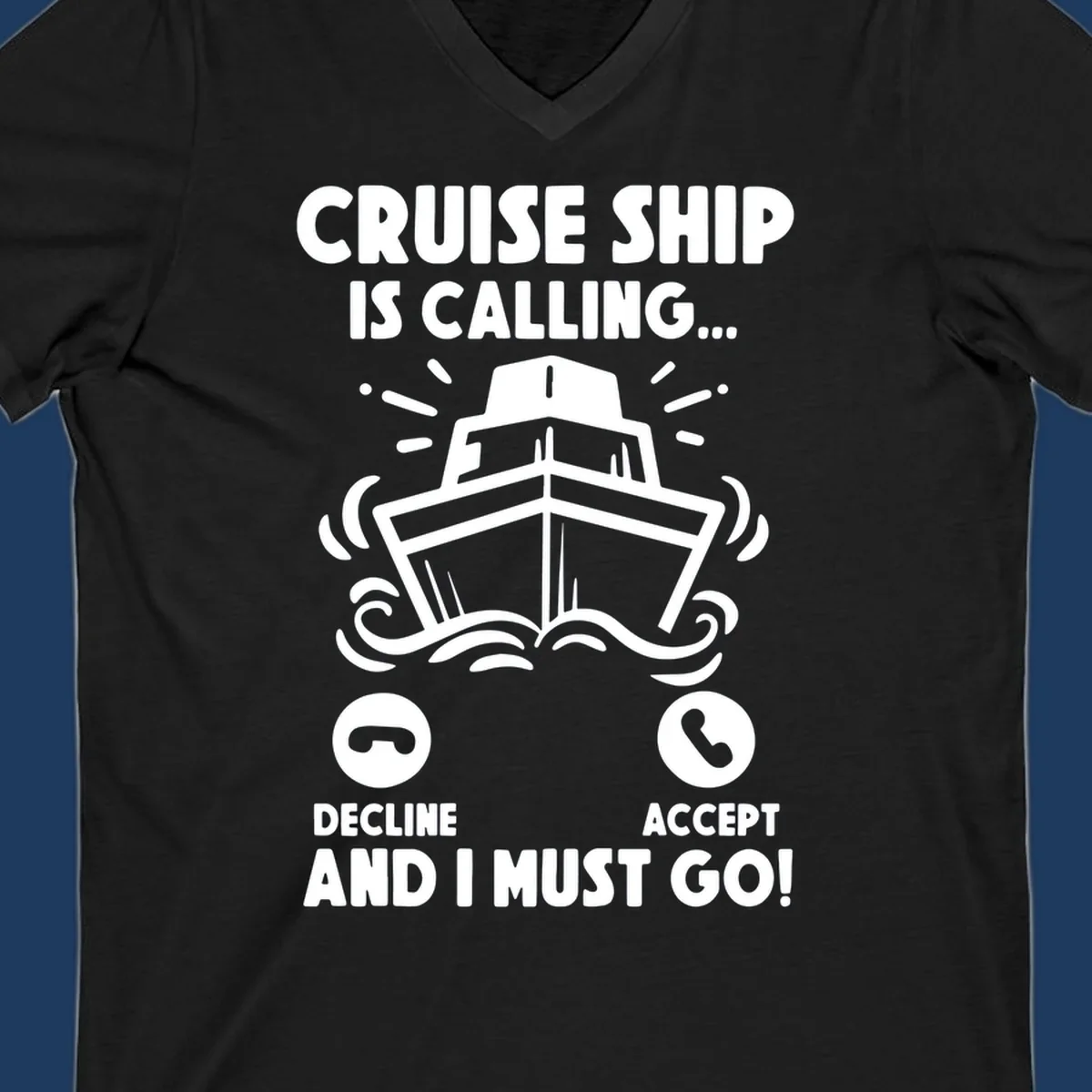 Cruise ship is calling design: illustrated ship with waves and sunburst rays styled as incoming phone call notification