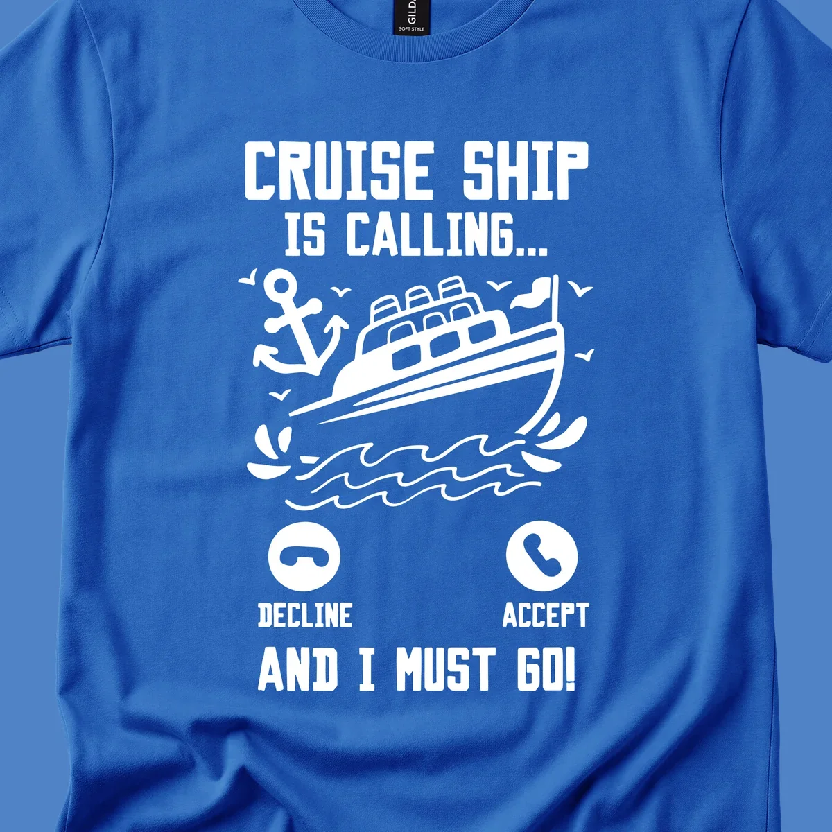 Humorous cruise ship calling design with phone accept/decline buttons and nautical graphics illustrating the irresistible pull to cruise