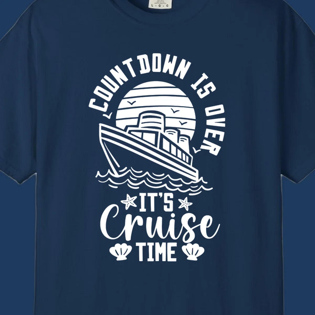 Vintage cruise ship illustration with countdown is over it's cruise time text and ocean waves