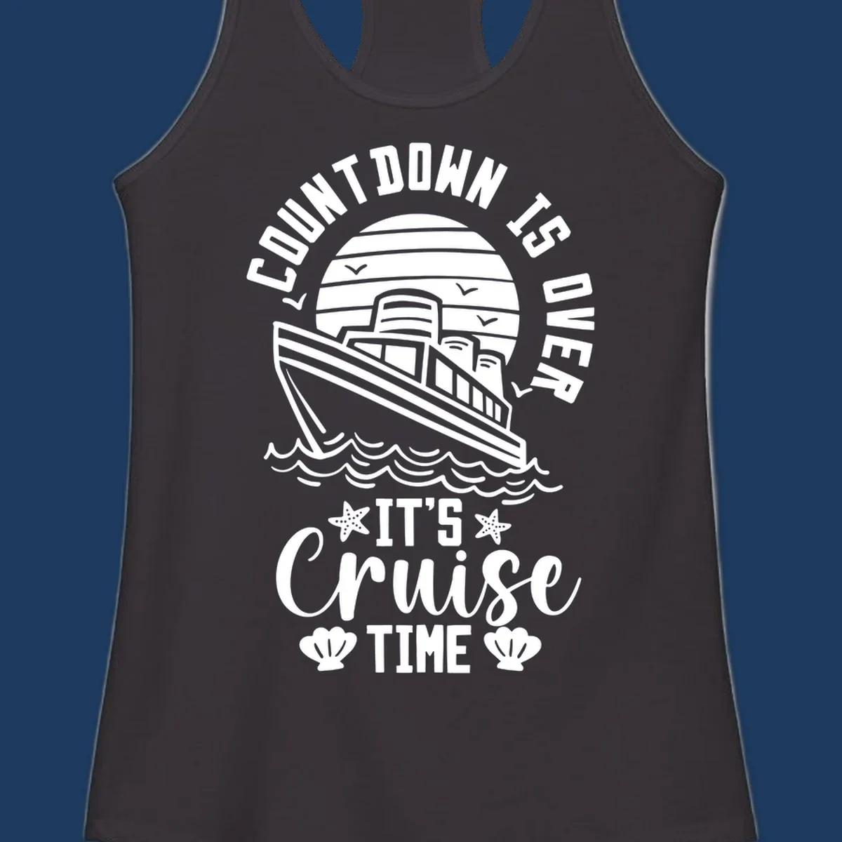Vintage cruise ship illustration with countdown is over it's cruise time text and ocean waves