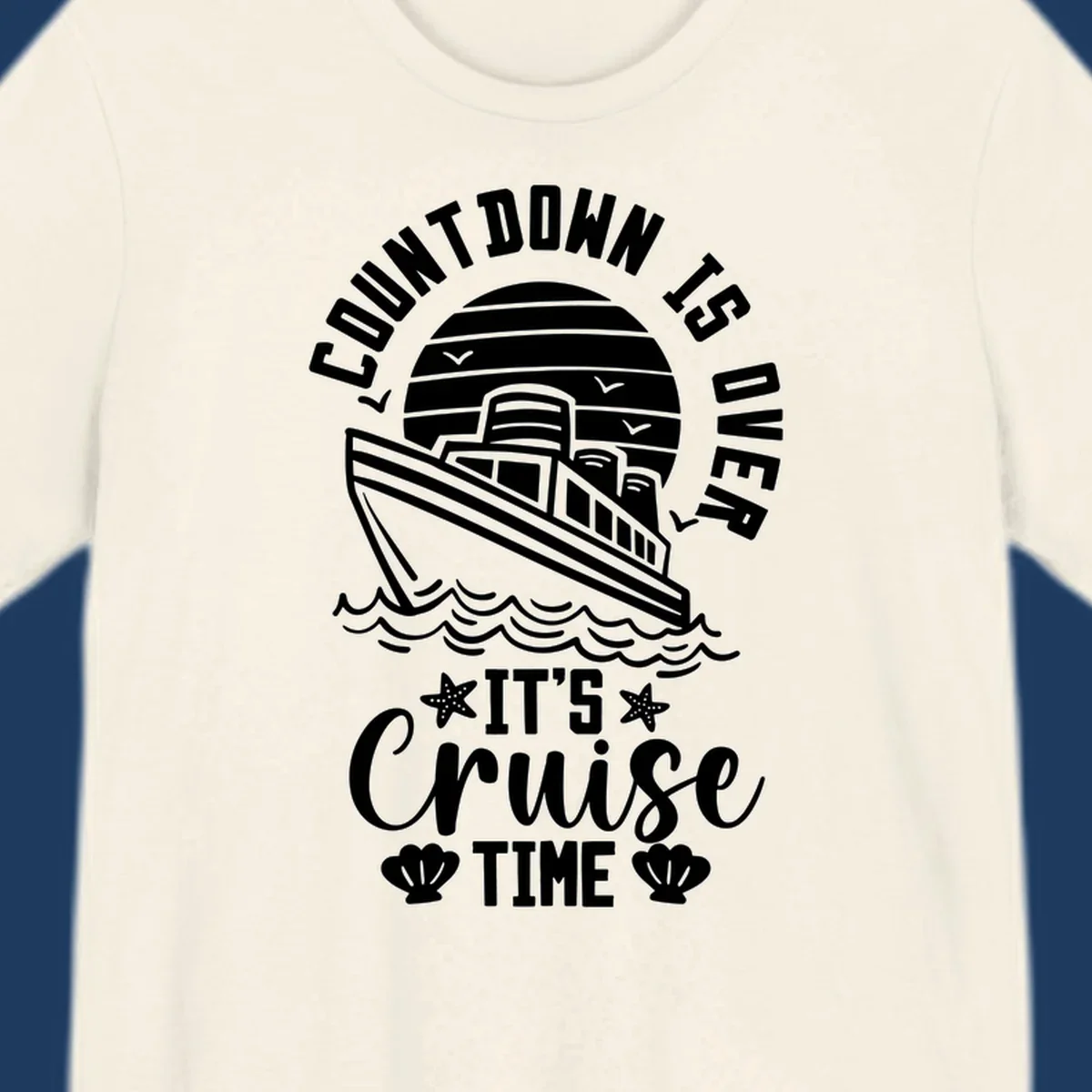 Vintage cruise ship illustration with countdown is over it's cruise time text and ocean waves