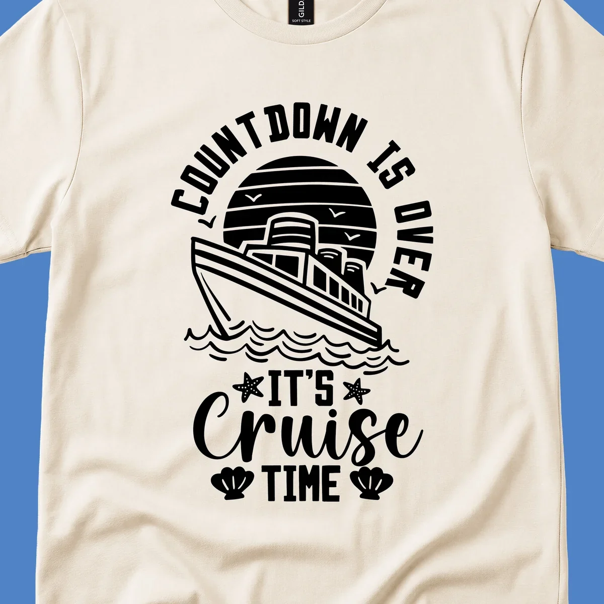 Vintage cruise ship illustration with countdown is over it's cruise time text and ocean waves