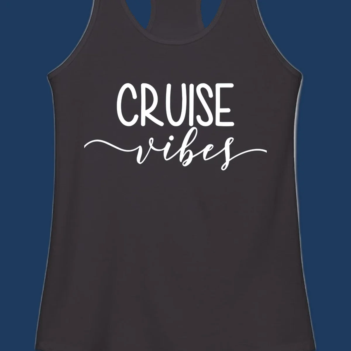 Cruise vibes lettering design with white text and decorative wave accents on gray background