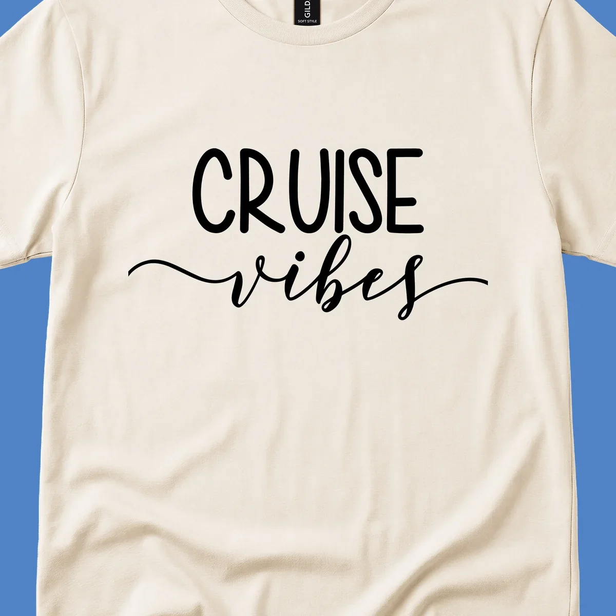 Cruise vibes lettering design with white text and decorative wave accents on gray background