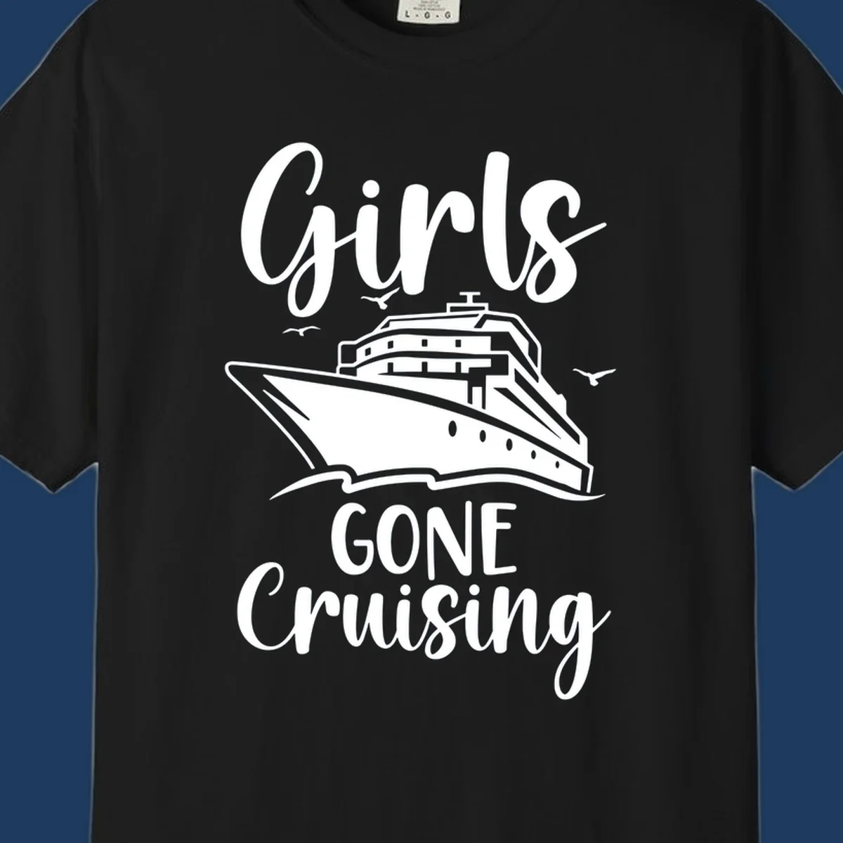 Girls Gone Cruising vintage nautical design with cruise ship and seagulls illustration