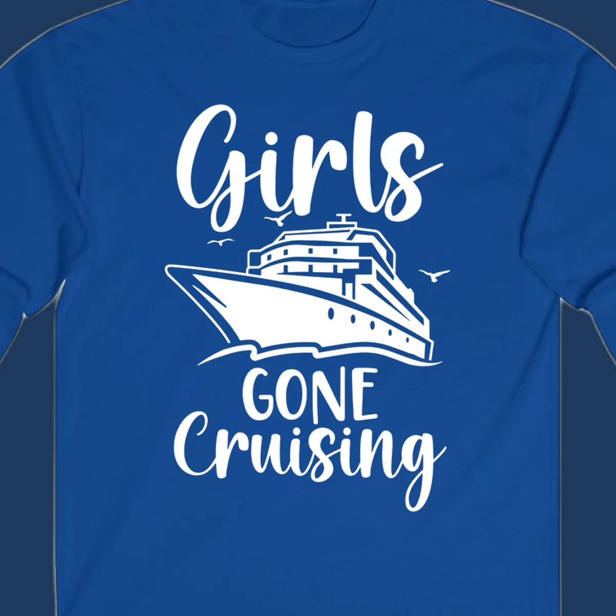 Girls Gone Cruising vintage nautical design with cruise ship and seagulls illustration