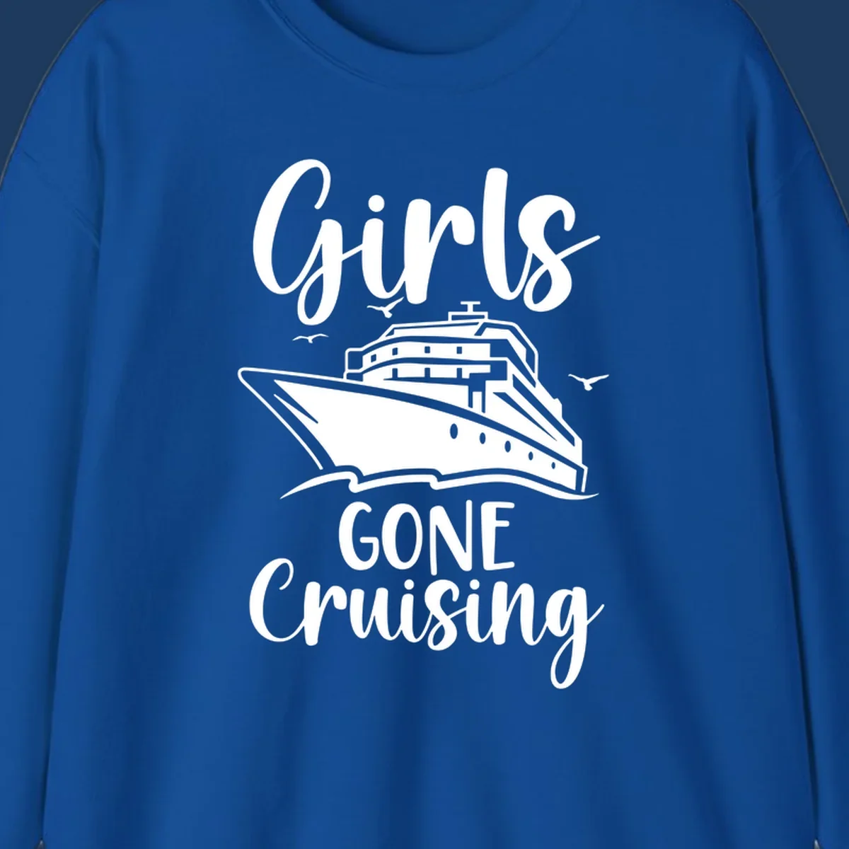Girls Gone Cruising vintage nautical design with cruise ship and seagulls illustration