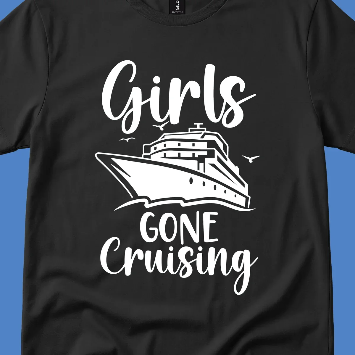 Girls Gone Cruising vintage nautical design with cruise ship and seagulls illustration