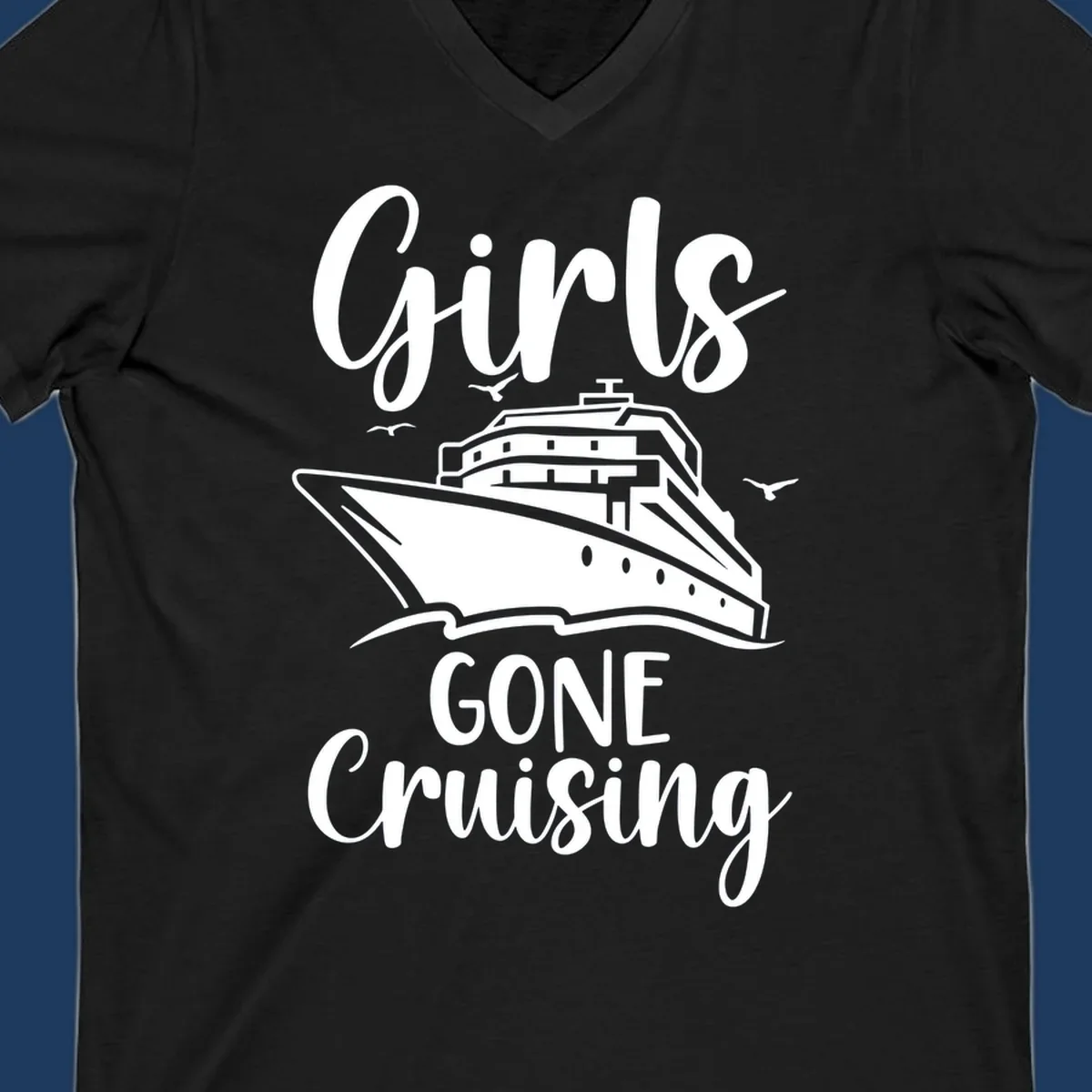 Girls Gone Cruising vintage nautical design with cruise ship and seagulls illustration