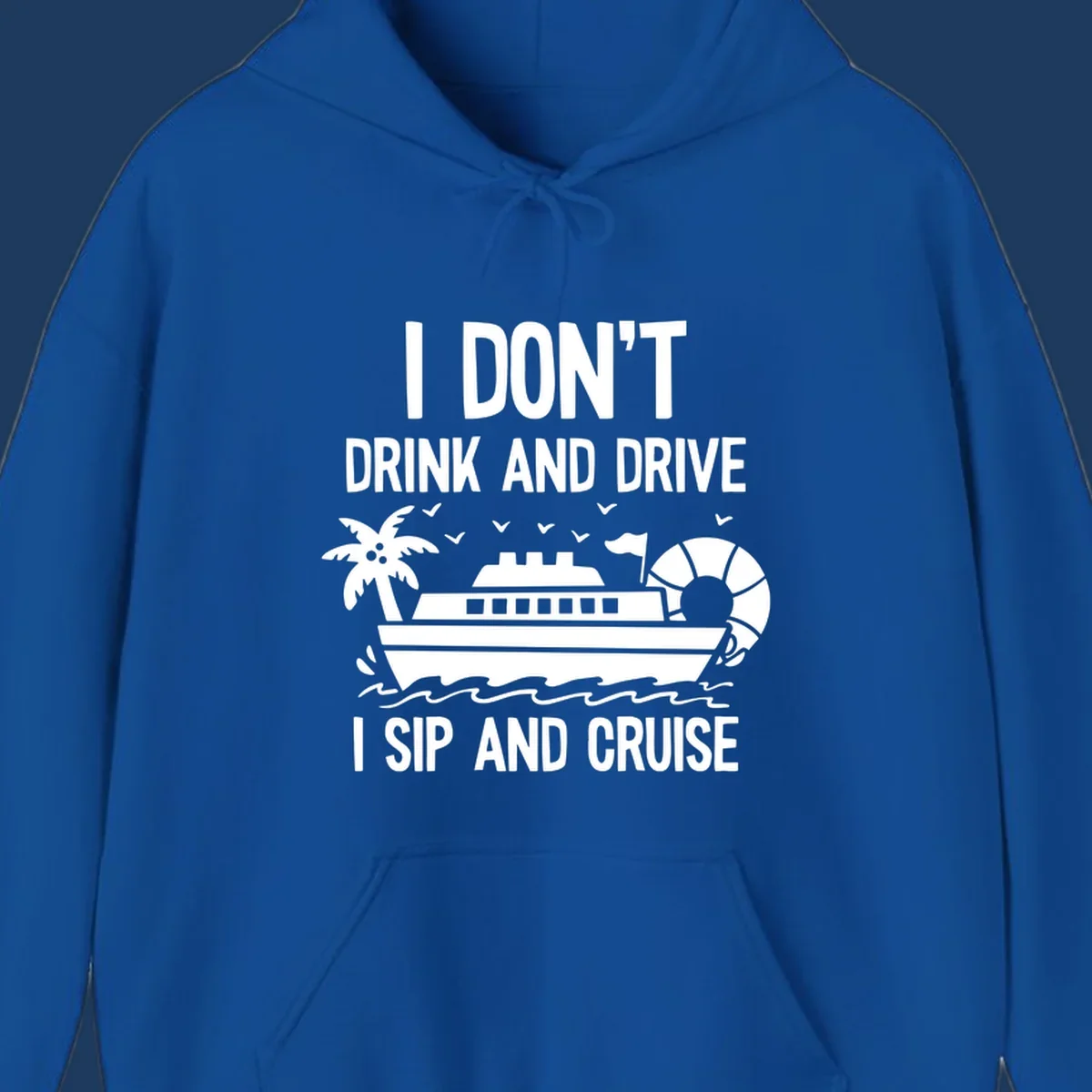 Sip and cruise funny design with cruise ship, palm tree, and ocean waves with bold text humor