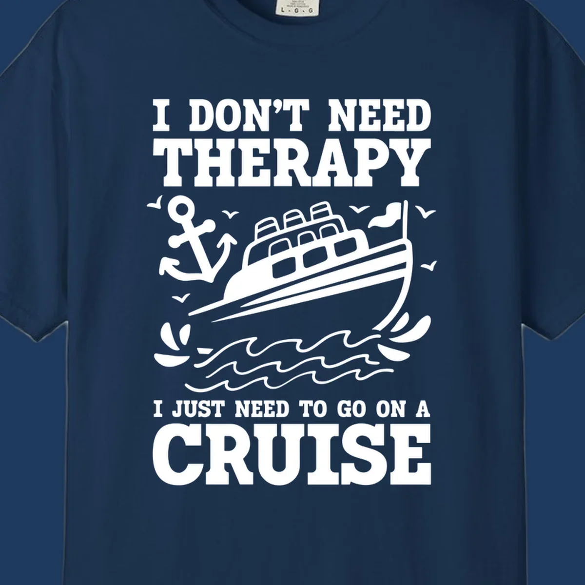 Therapy cruise escape design with cruise ship, anchor, waves and seagulls illustration with humorous text about needing a cruise vacation