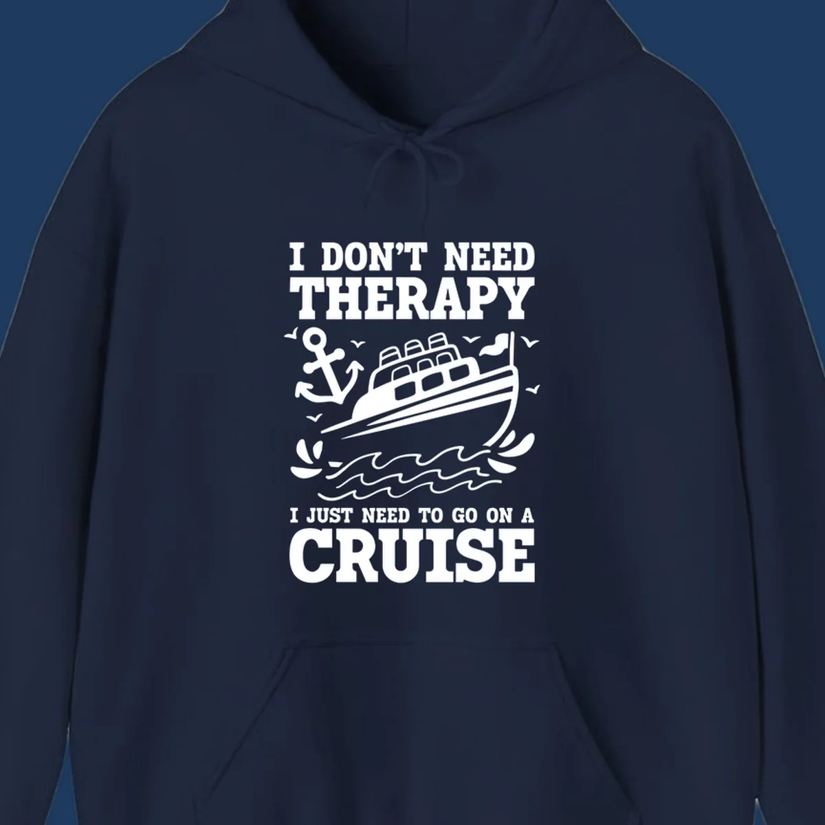 Therapy cruise escape design with cruise ship, anchor, waves and seagulls illustration with humorous text about needing a cruise vacation