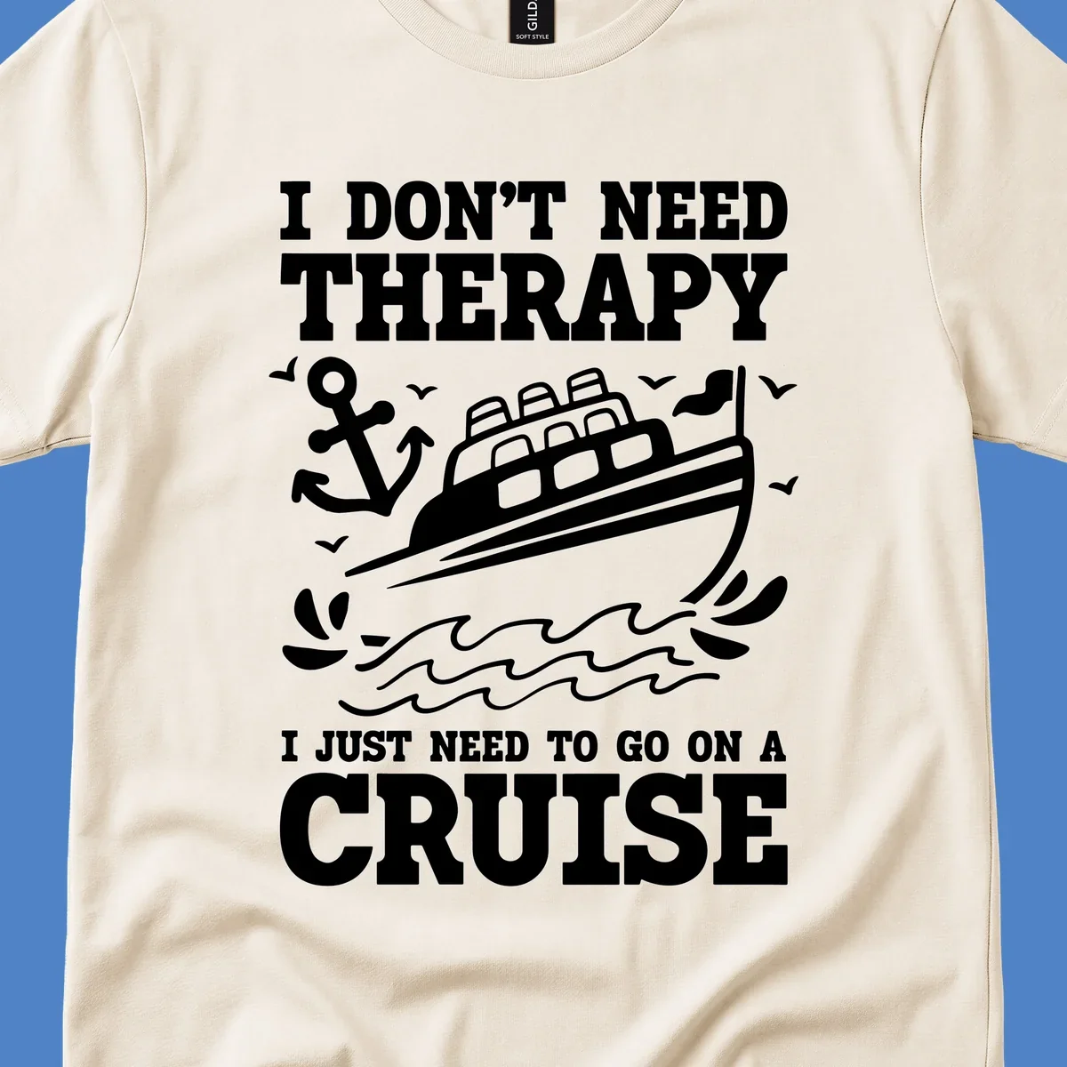 Therapy cruise escape design with cruise ship, anchor, waves and seagulls illustration with humorous text about needing a cruise vacation