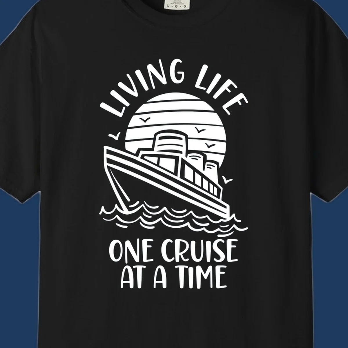 Line art cruise ship on ocean waves with striped sun and 'Living Life One Cruise At A Time' text in nautical design