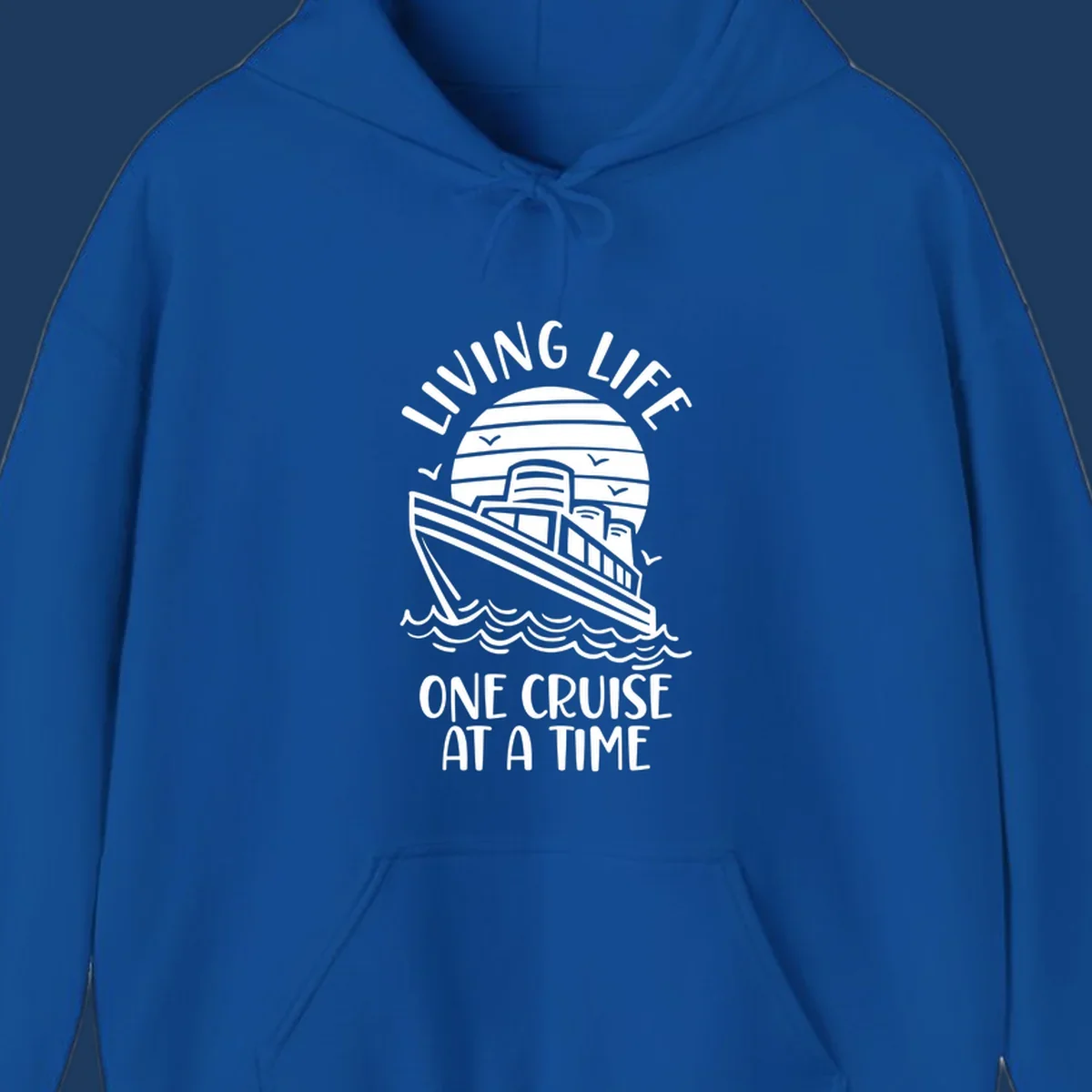Line art cruise ship on ocean waves with striped sun and 'Living Life One Cruise At A Time' text in nautical design