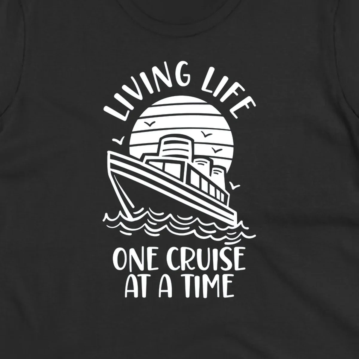 Line art cruise ship on ocean waves with striped sun and 'Living Life One Cruise At A Time' text in nautical design