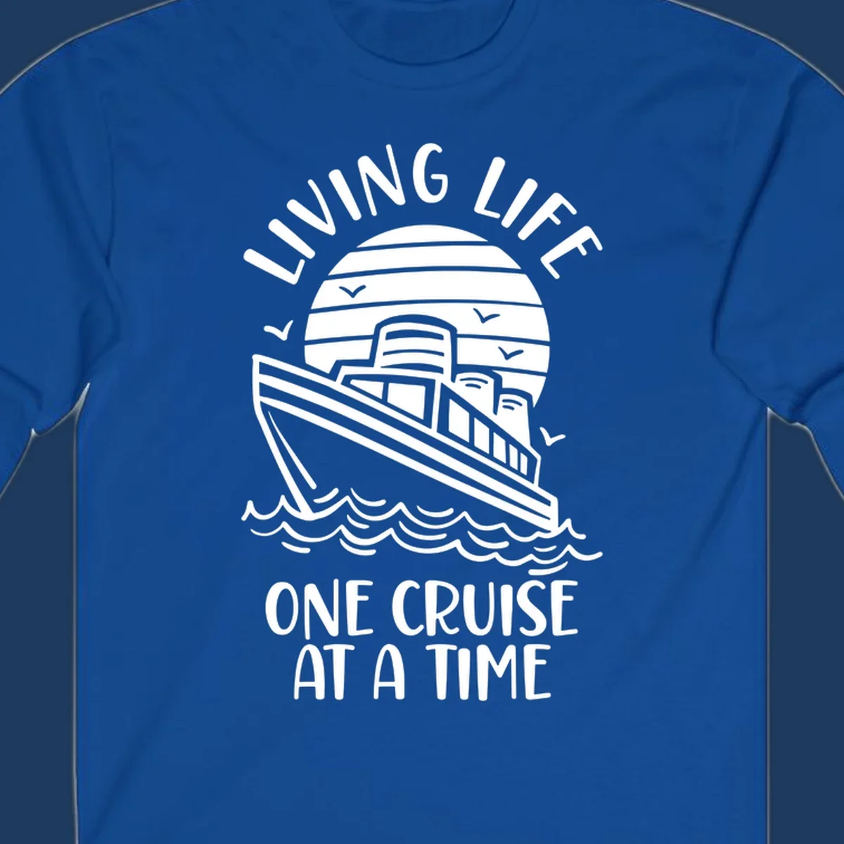 Line art cruise ship on ocean waves with striped sun and 'Living Life One Cruise At A Time' text in nautical design