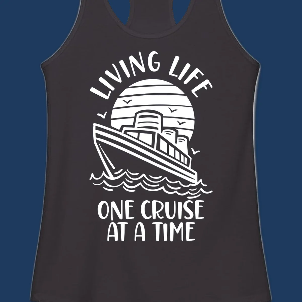 Line art cruise ship on ocean waves with striped sun and 'Living Life One Cruise At A Time' text in nautical design